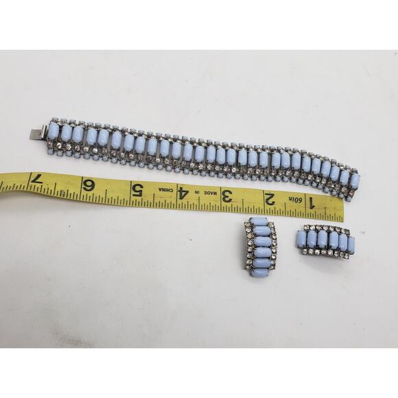 Vintage Blue Milk Glass Rhinestone Bracelet Clip On Earrings Set 1950s Milkglass - Picture 6 of 6